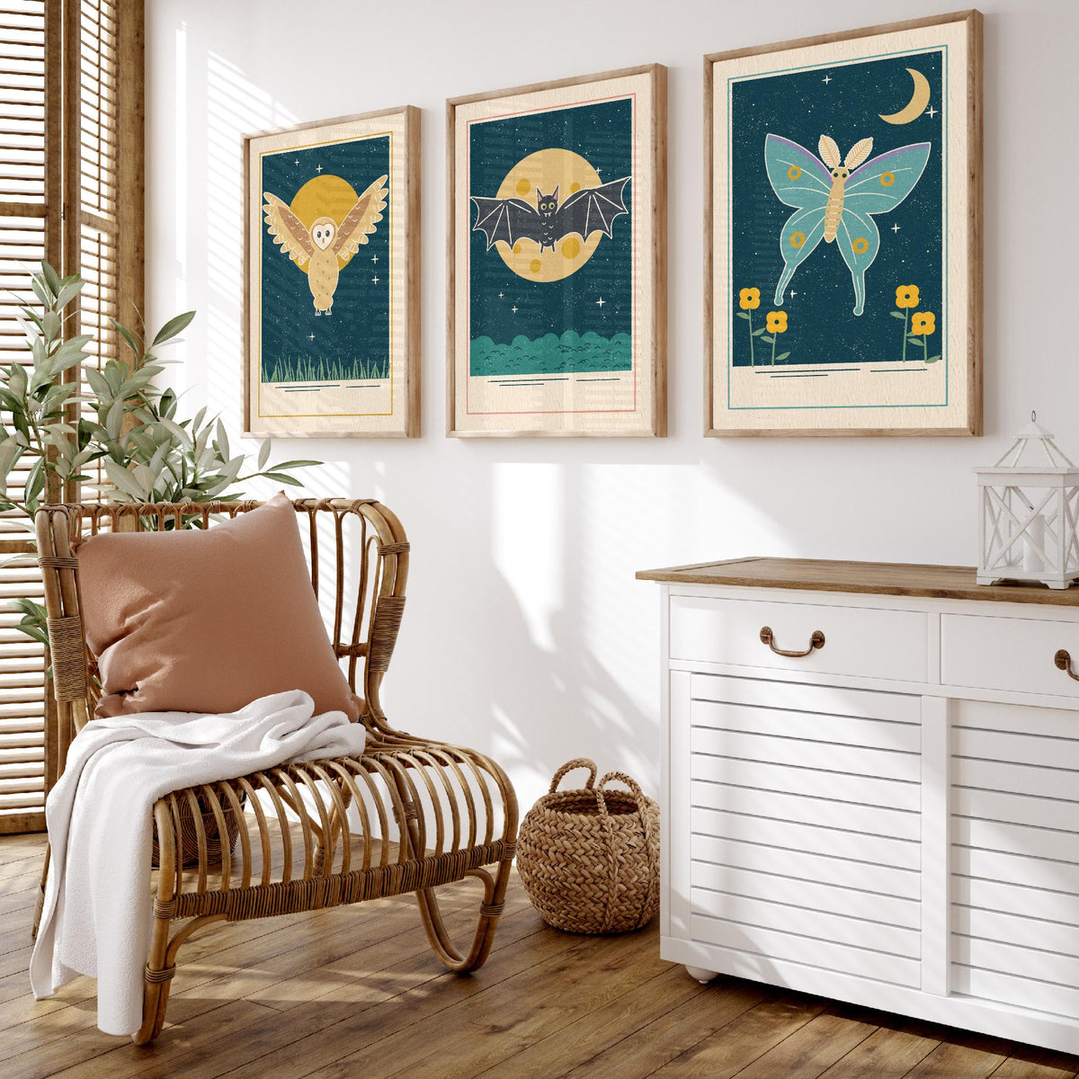 Nocturnal Animal Set of Three Art Prints - Barn Owl, Bat, Moth - Linocut Style Poster Illustration V1