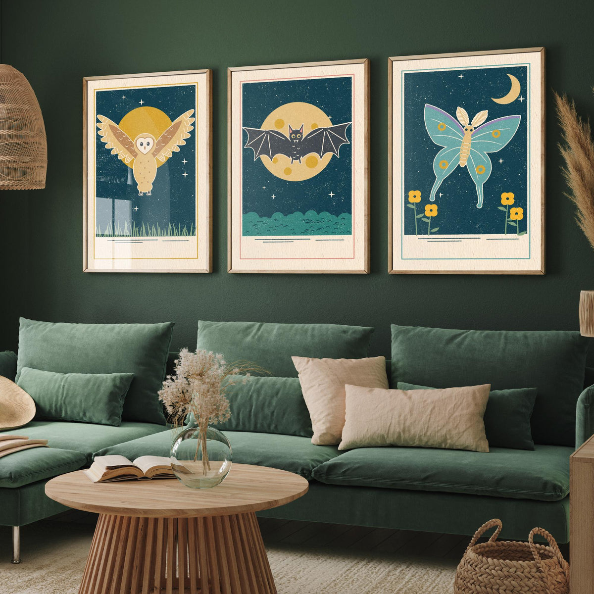 Nocturnal Animal Set of Three Art Prints - Barn Owl, Bat, Moth - Linocut Style Poster Illustration V1