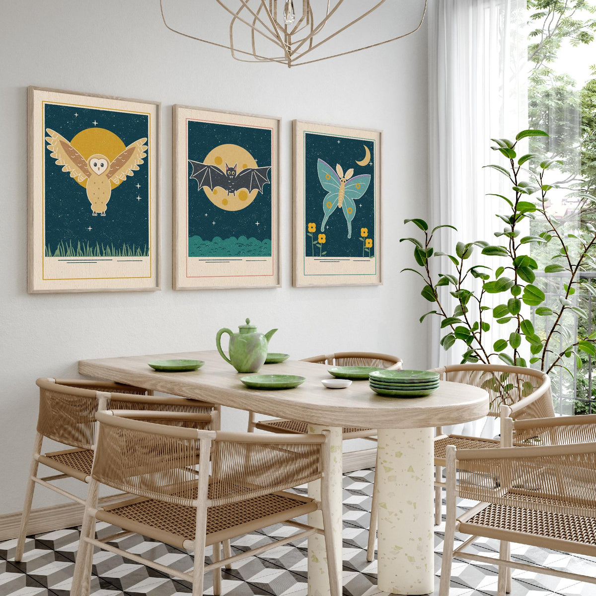 Nocturnal Animal Set of Three Art Prints - Barn Owl, Bat, Moth - Linocut Style Poster Illustration V1