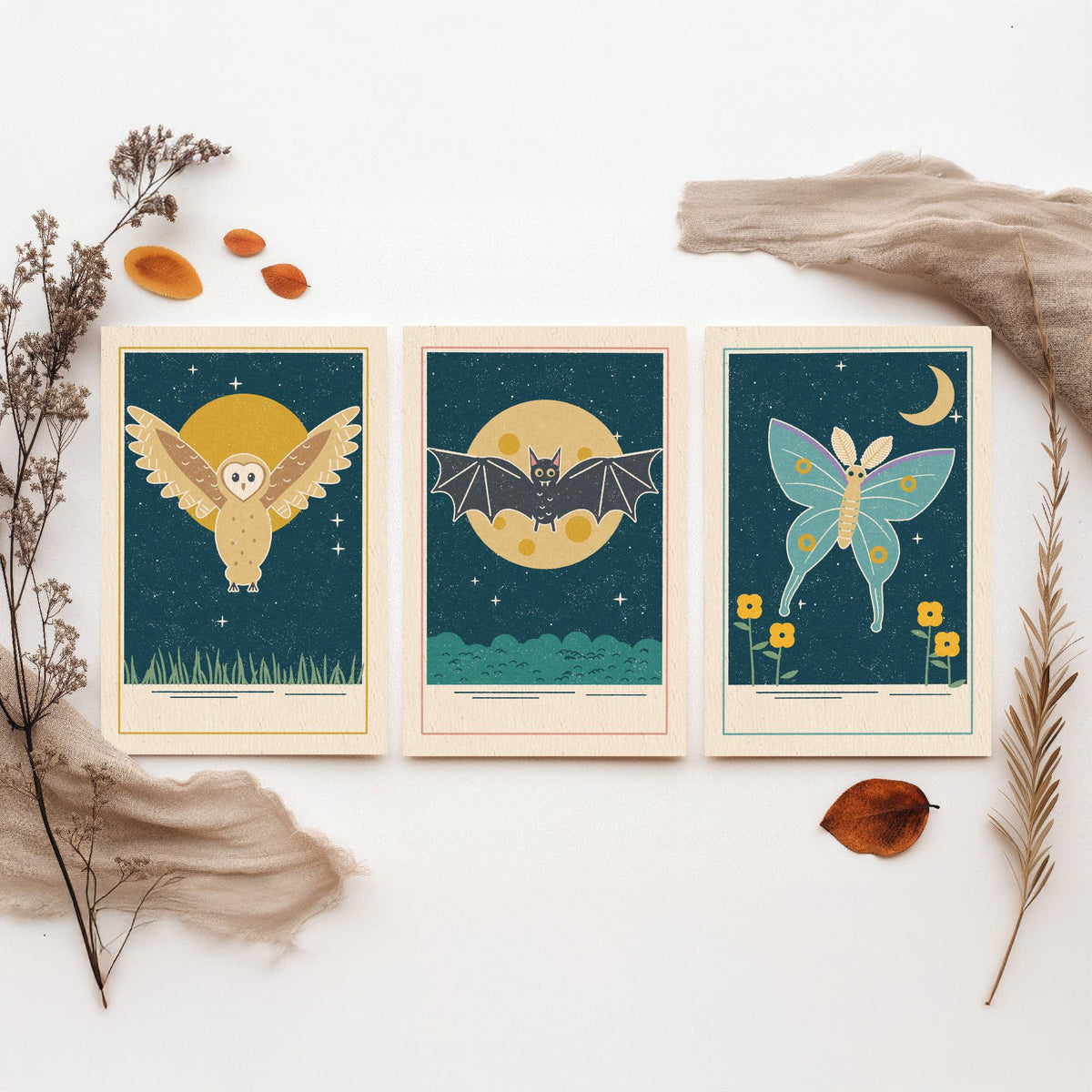 Nocturnal Animal Set of Three Art Prints - Barn Owl, Bat, Moth - Linocut Style Poster Illustration V1