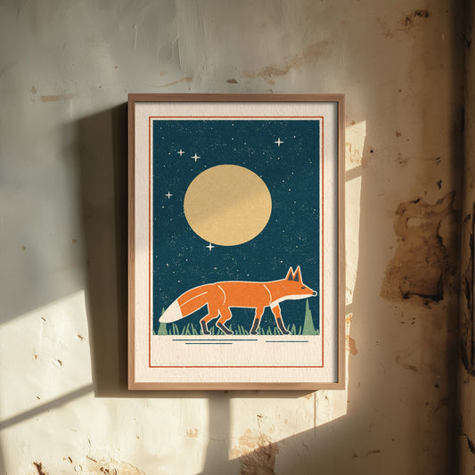Red Fox Art Print - Full Moon Woodland Wildlife Poster - Retro Linocut Style Illustration V2 1/3
