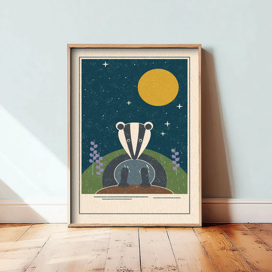 Badger Art Print - Moonlit Sett British Wildlife Poster - Woodland Nursery Illustration V2 2/3