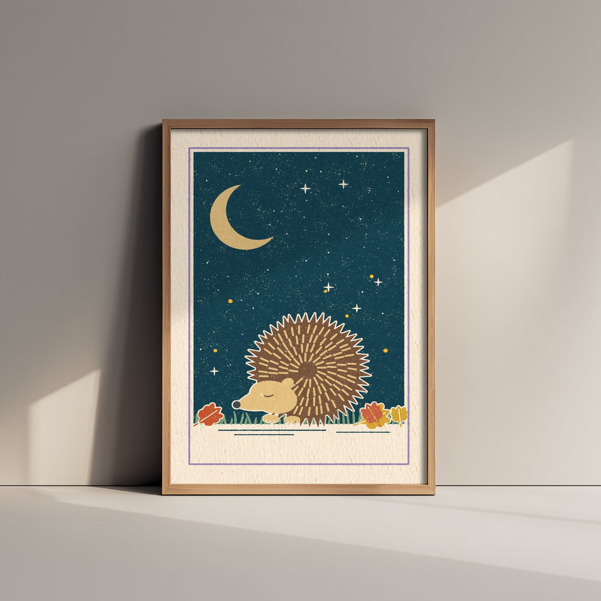 Sleepy Hedgehog Art Print - Autumn Leaves and Crescent Moon Poster - Retro Woodcut Kids Room V2 3/3