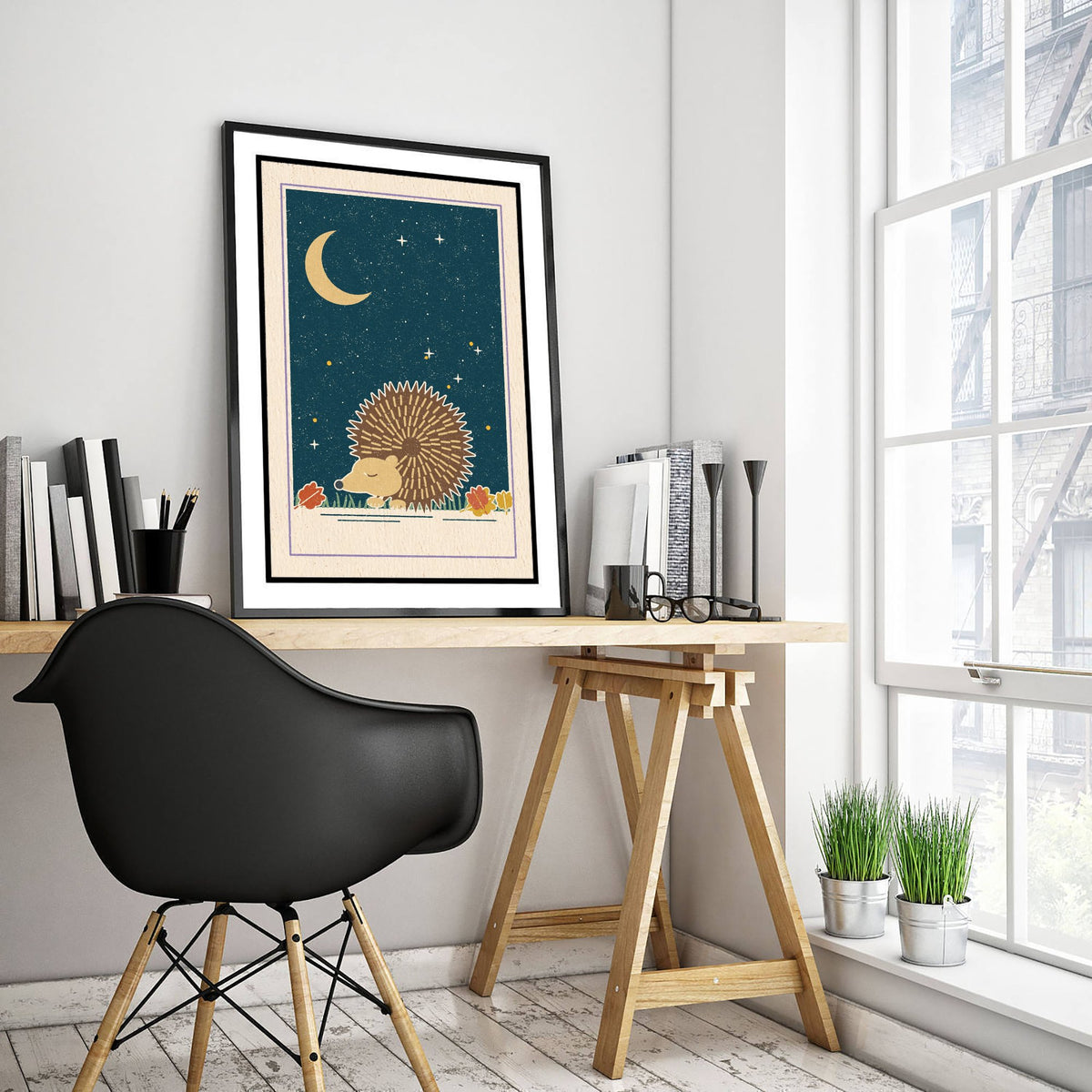 Sleepy Hedgehog Art Print - Autumn Leaves and Crescent Moon Poster - Retro Woodcut Kids Room V2 3/3