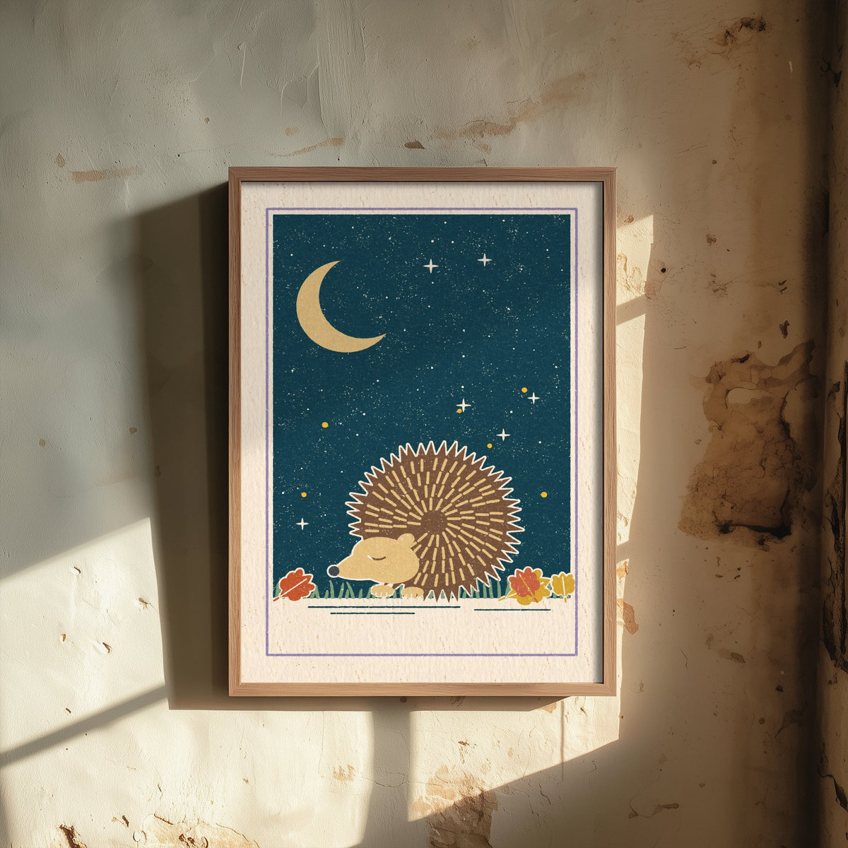 Sleepy Hedgehog Art Print - Autumn Leaves and Crescent Moon Poster - Retro Woodcut Kids Room V2 3/3