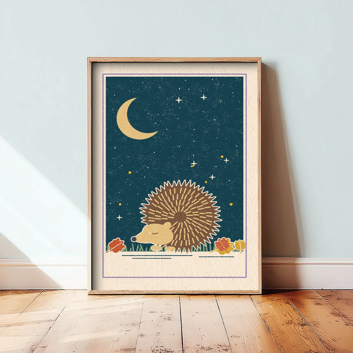 Sleepy Hedgehog Art Print - Autumn Leaves and Crescent Moon Poster - Retro Woodcut Kids Room V2 3/3