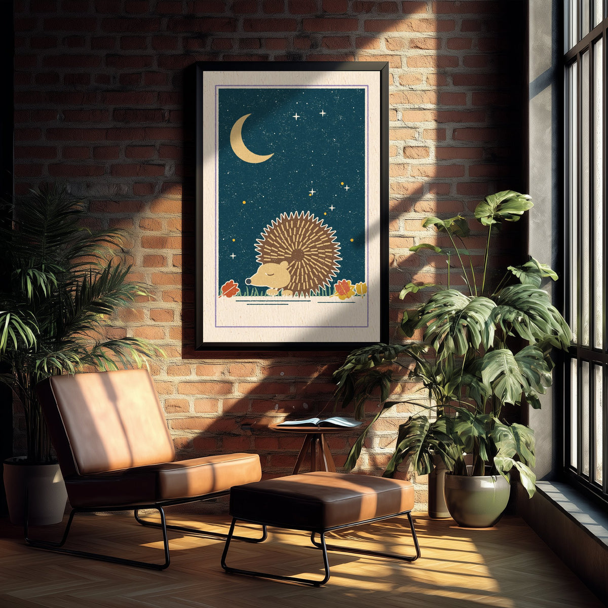 Sleepy Hedgehog Art Print - Autumn Leaves and Crescent Moon Poster - Retro Woodcut Kids Room V2 3/3