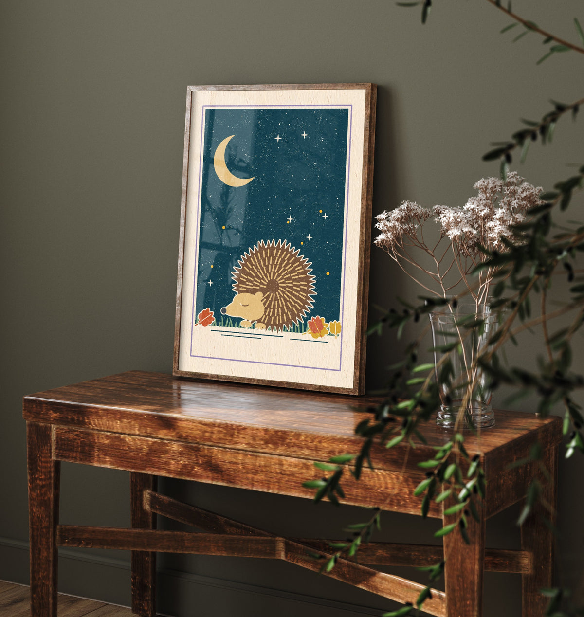 Sleepy Hedgehog Art Print - Autumn Leaves and Crescent Moon Poster - Retro Woodcut Kids Room V2 3/3
