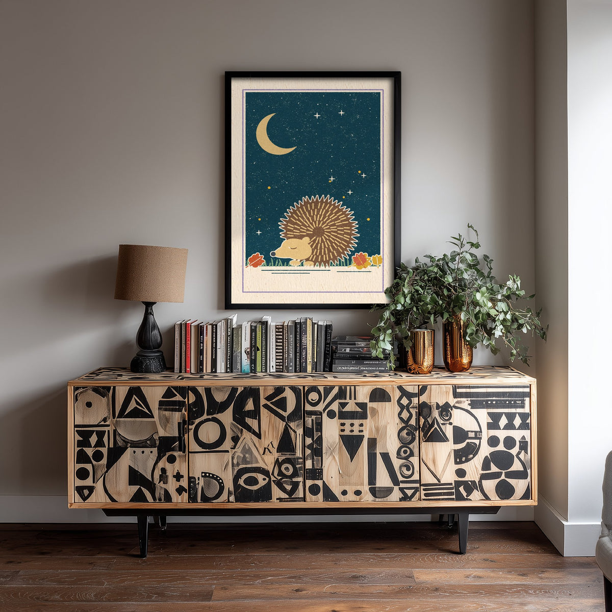 Sleepy Hedgehog Art Print - Autumn Leaves and Crescent Moon Poster - Retro Woodcut Kids Room V2 3/3