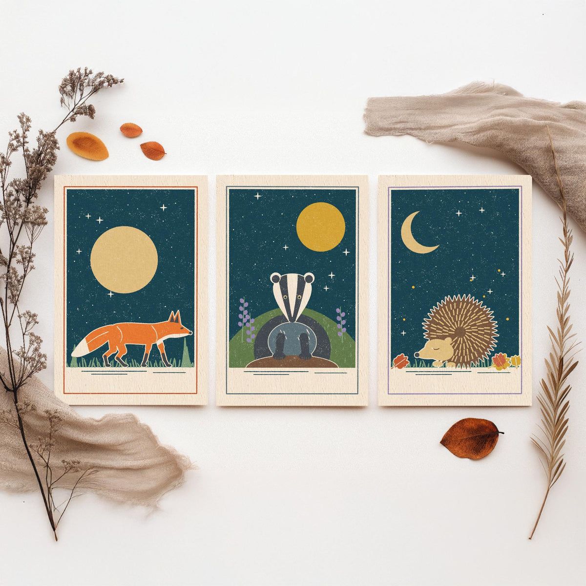 Nocturnal Animal Set of Three Art Prints - Fox, Badger, Hedgehog - Linocut Style Poster Illustration V2