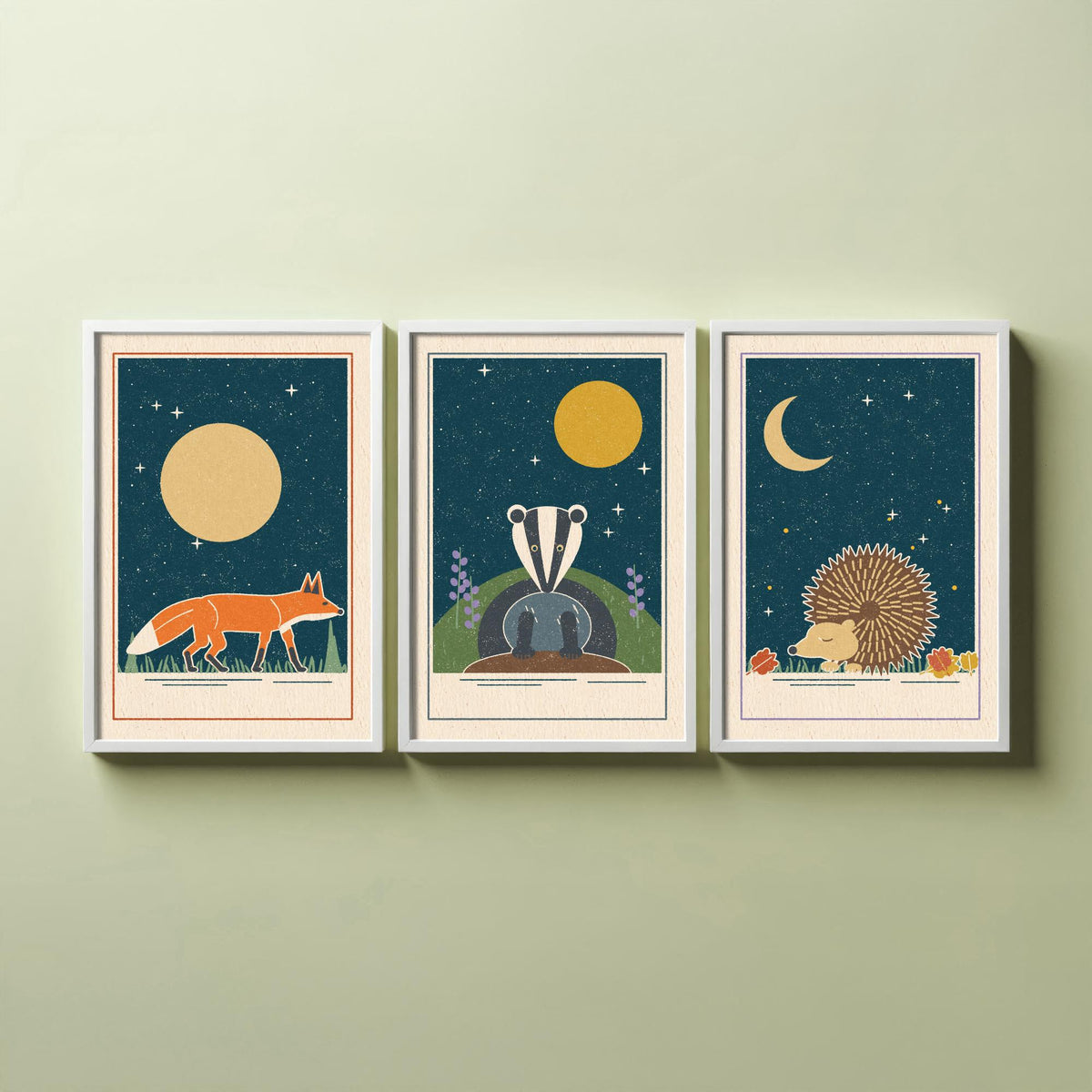 Nocturnal Animal Set of Three Art Prints - Fox, Badger, Hedgehog - Linocut Style Poster Illustration V2