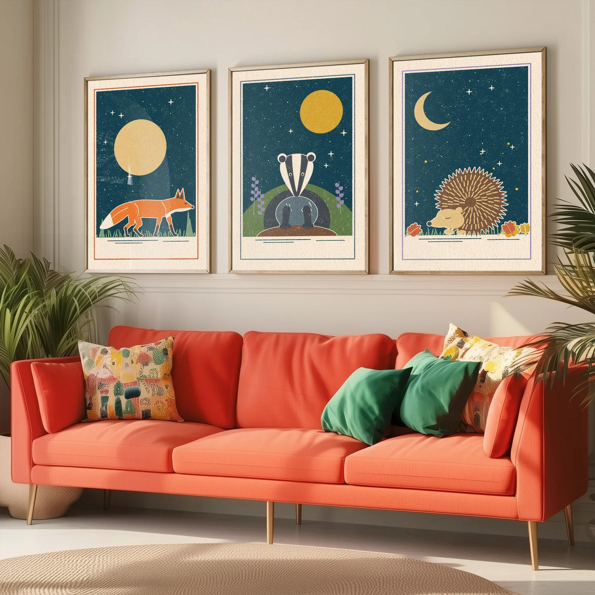 Nocturnal Animal Set of Three Art Prints - Fox, Badger, Hedgehog - Linocut Style Poster Illustration V2