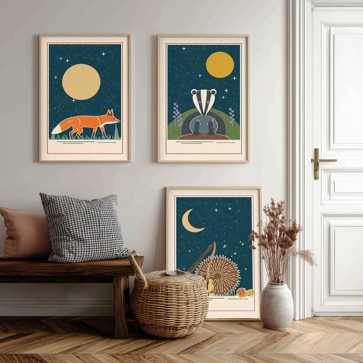 Nocturnal Animal Set of Three Art Prints - Fox, Badger, Hedgehog - Linocut Style Poster Illustration V2