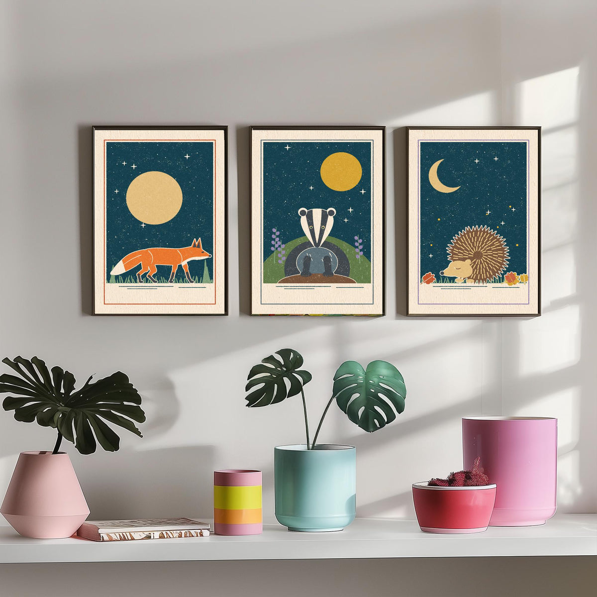 Nocturnal Animal Set of Three Art Prints - Fox, Badger, Hedgehog - Linocut Style Poster Illustration V2