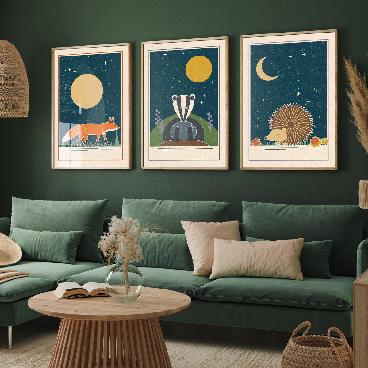 Nocturnal Animal Set of Three Art Prints - Fox, Badger, Hedgehog - Linocut Style Poster Illustration V2