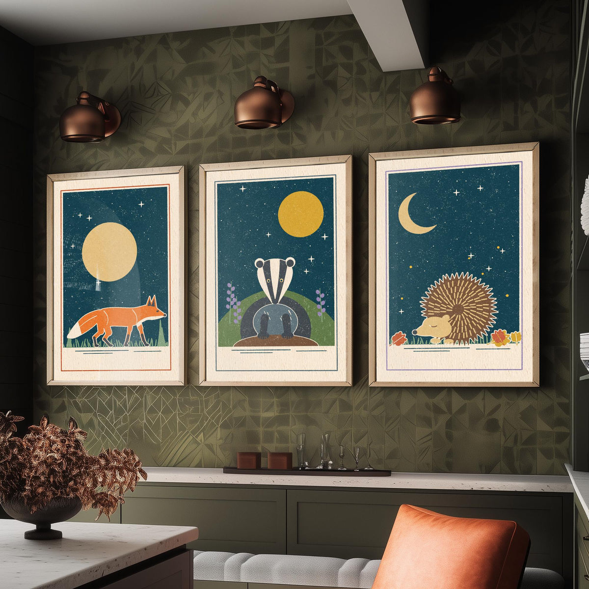 Nocturnal Animal Set of Three Art Prints - Fox, Badger, Hedgehog - Linocut Style Poster Illustration V2