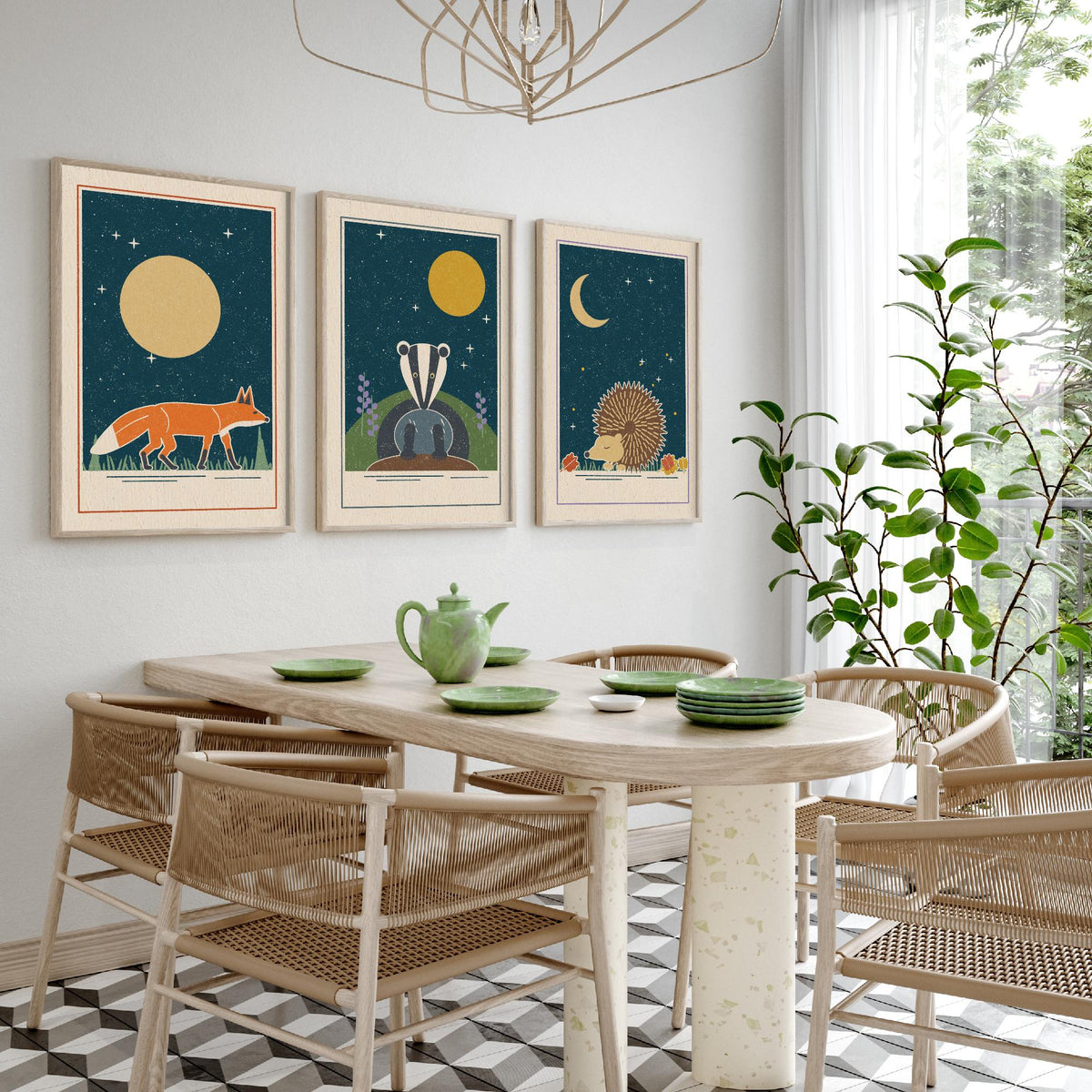 Nocturnal Animal Set of Three Art Prints - Fox, Badger, Hedgehog - Linocut Style Poster Illustration V2