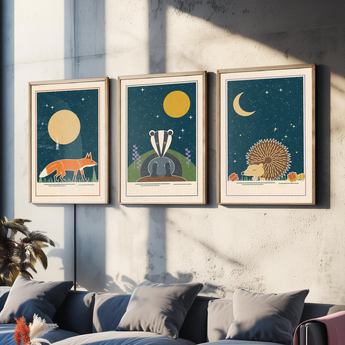Nocturnal Animal Set of Three Art Prints - Fox, Badger, Hedgehog - Linocut Style Poster Illustration V2