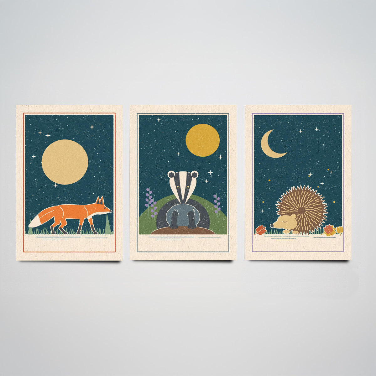 Nocturnal Animal Set of Three Art Prints - Fox, Badger, Hedgehog - Linocut Style Poster Illustration V2