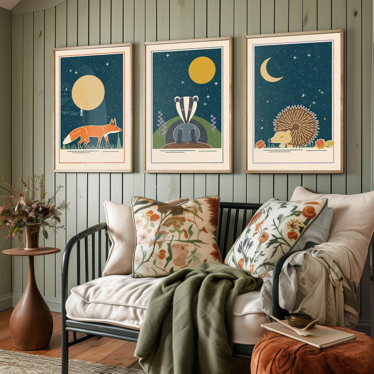Nocturnal Animal Set of Three Art Prints - Fox, Badger, Hedgehog - Linocut Style Poster Illustration V2