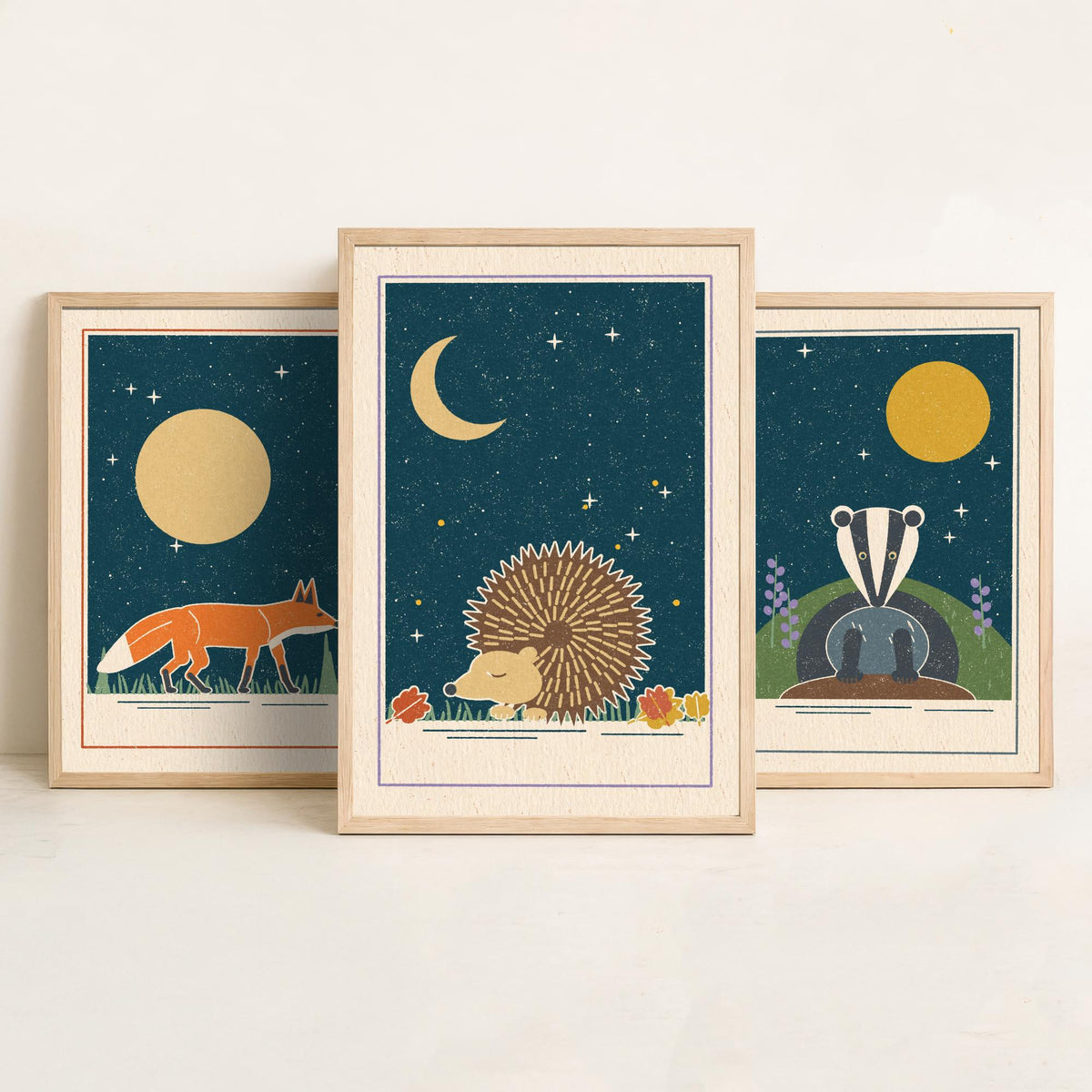 Nocturnal Animal Set of Three Art Prints - Fox, Badger, Hedgehog - Linocut Style Poster Illustration V2