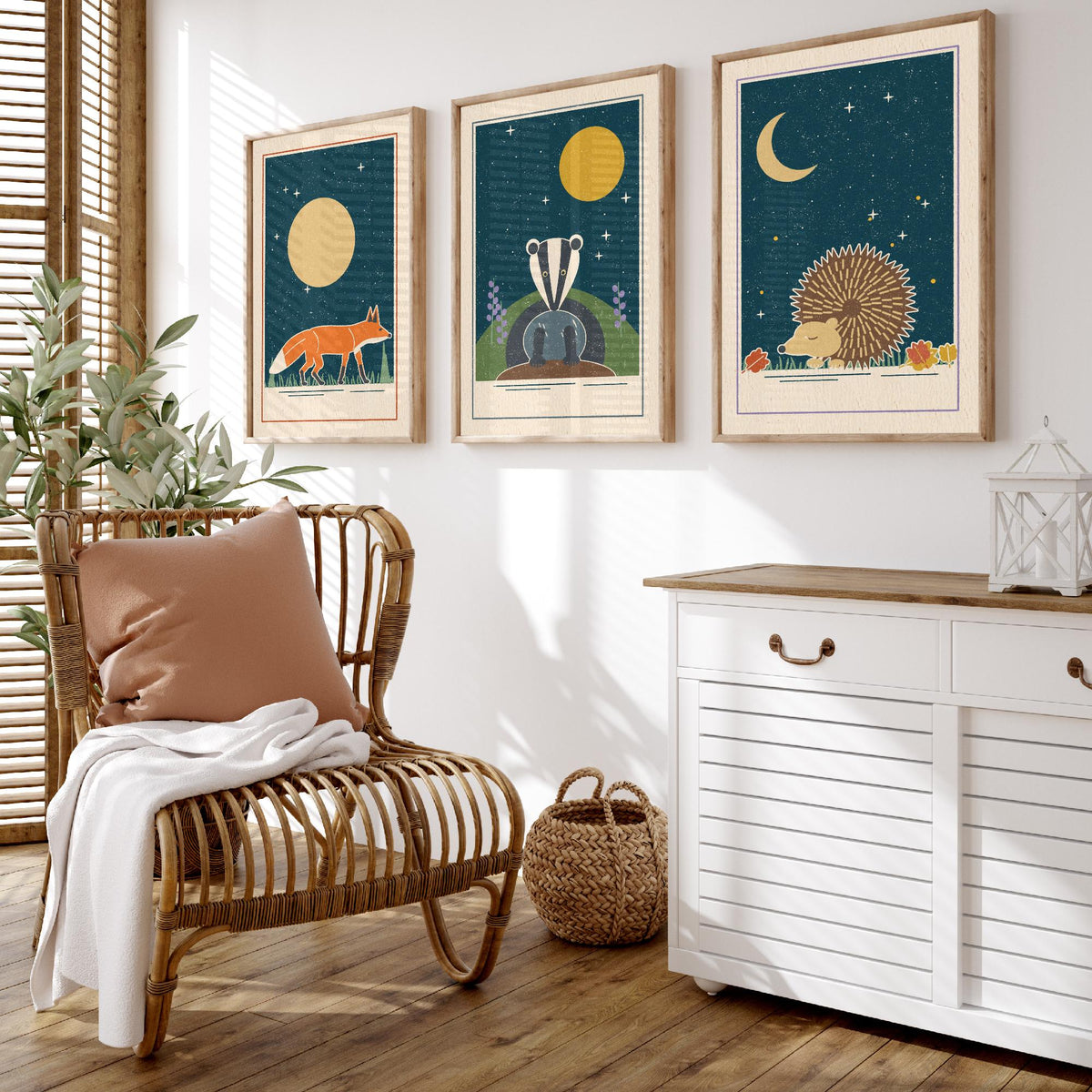 Nocturnal Animal Set of Three Art Prints - Fox, Badger, Hedgehog - Linocut Style Poster Illustration V2