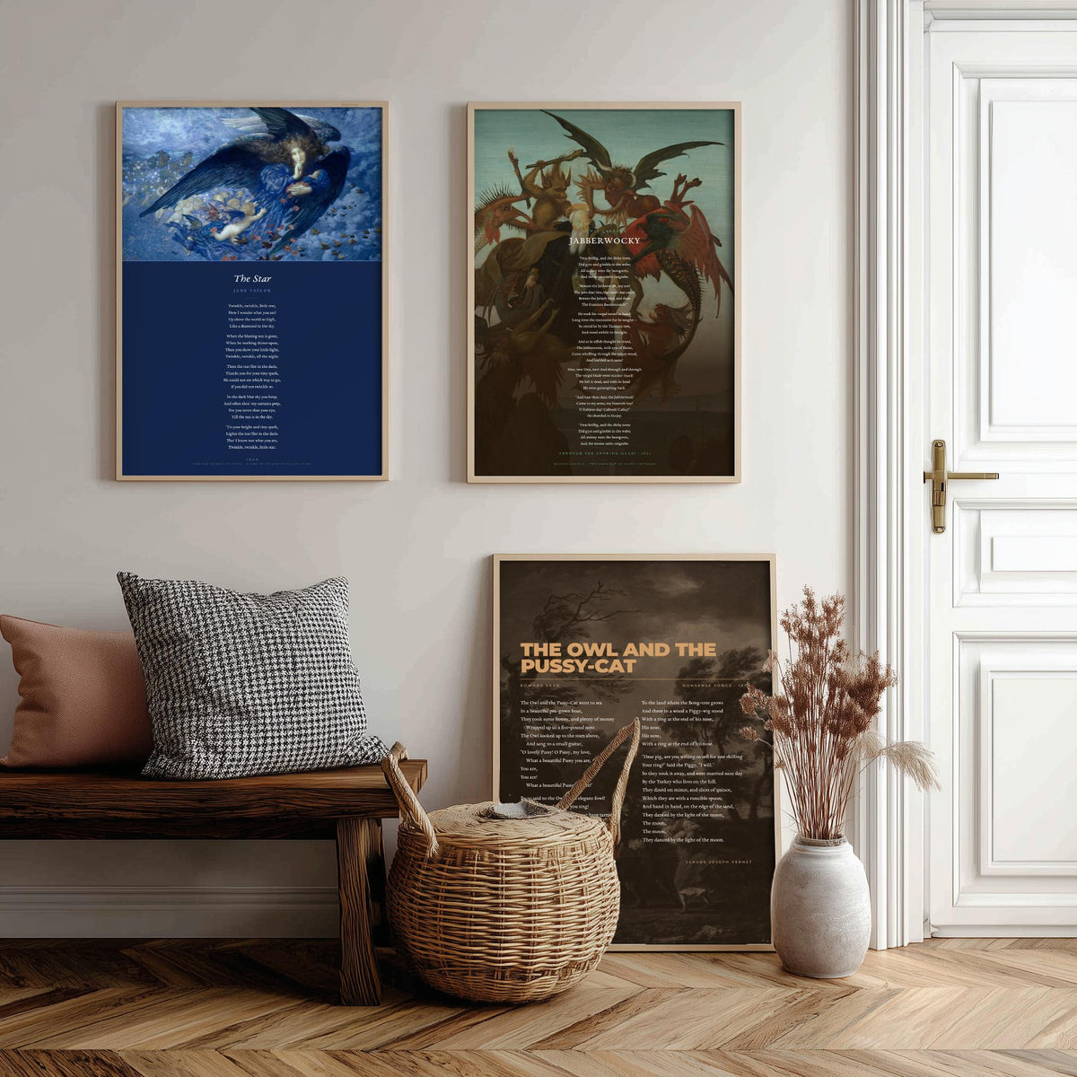 Nonsense Verse Poems Set of Three Art Prints - The Owl and the Pussy-Cat, Jabberwocky, The Star - Classic Painting Poster Triptych