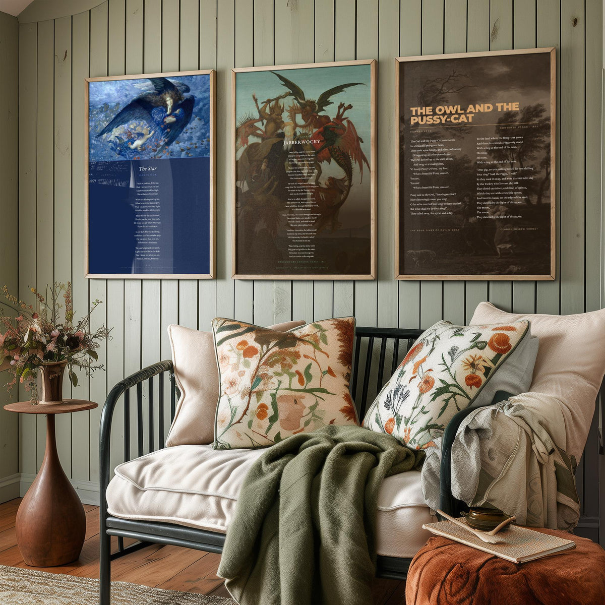 Nonsense Verse Poems Set of Three Art Prints - The Owl and the Pussy-Cat, Jabberwocky, The Star - Classic Painting Poster Triptych