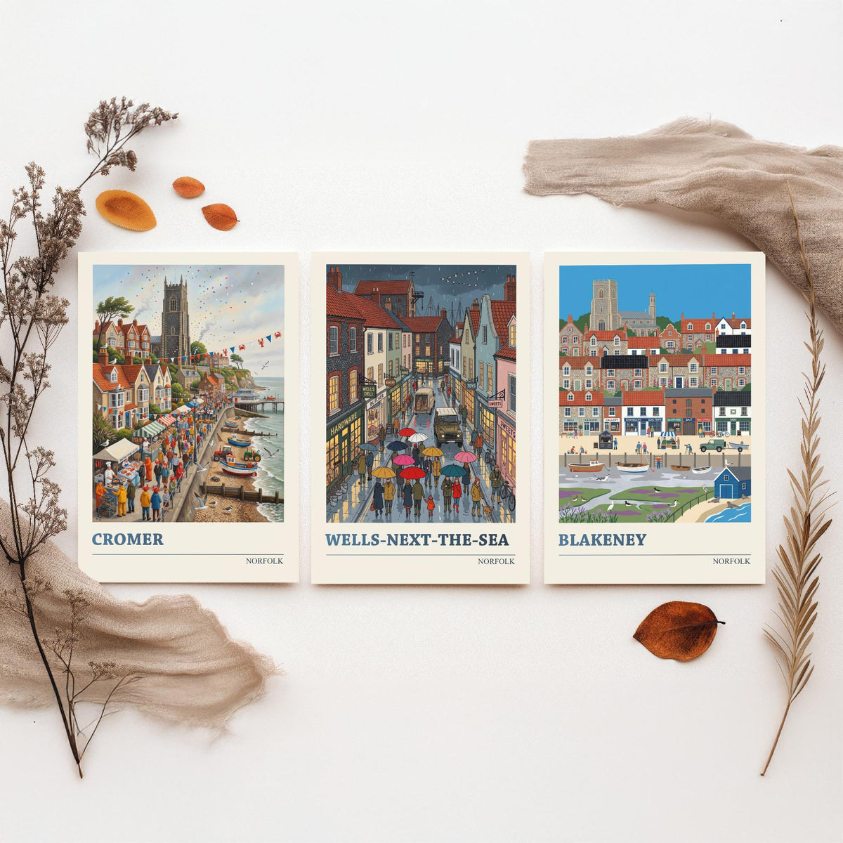 Norfolk Set of Three Art Prints - Cromer, Wells-next-the-Sea, Blakeney - 3 Colourful Folk Illustration Travel Posters - Norfolk Painting