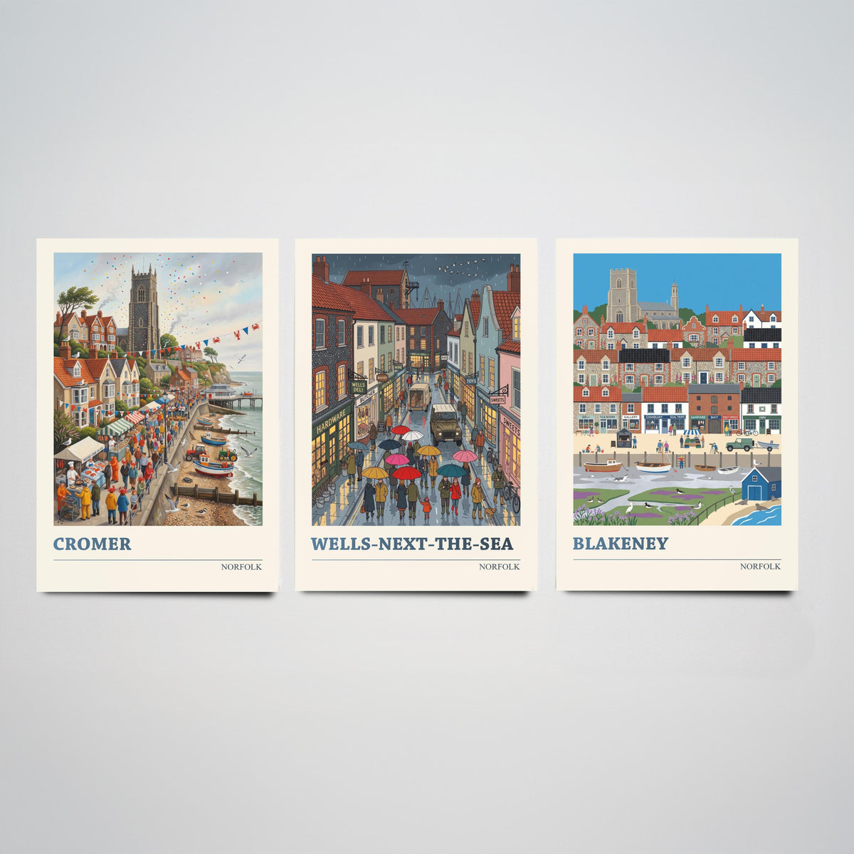 Norfolk Set of Three Art Prints - Cromer, Wells-next-the-Sea, Blakeney - 3 Colourful Folk Illustration Travel Posters - Norfolk Painting