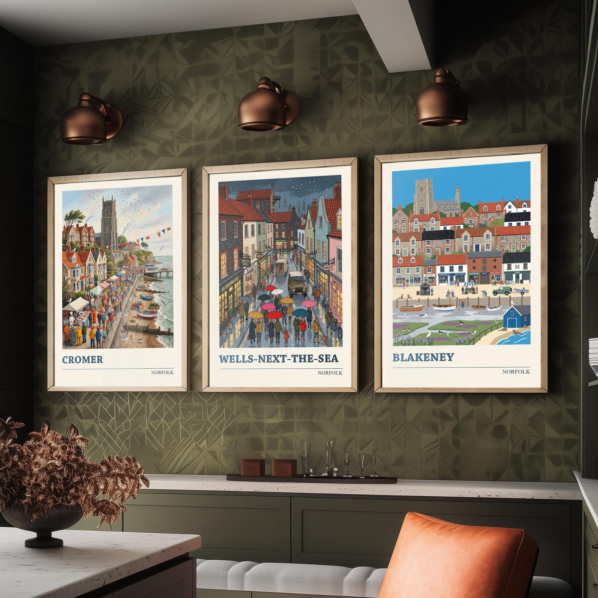 Norfolk Set of Three Art Prints - Cromer, Wells-next-the-Sea, Blakeney - 3 Colourful Folk Illustration Travel Posters - Norfolk Painting