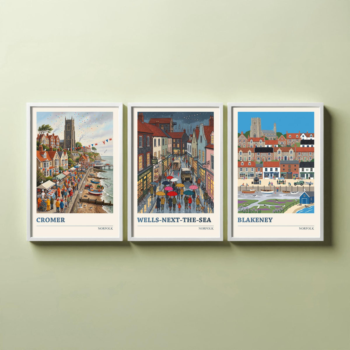 Norfolk Set of Three Art Prints - Cromer, Wells-next-the-Sea, Blakeney - 3 Colourful Folk Illustration Travel Posters - Norfolk Painting