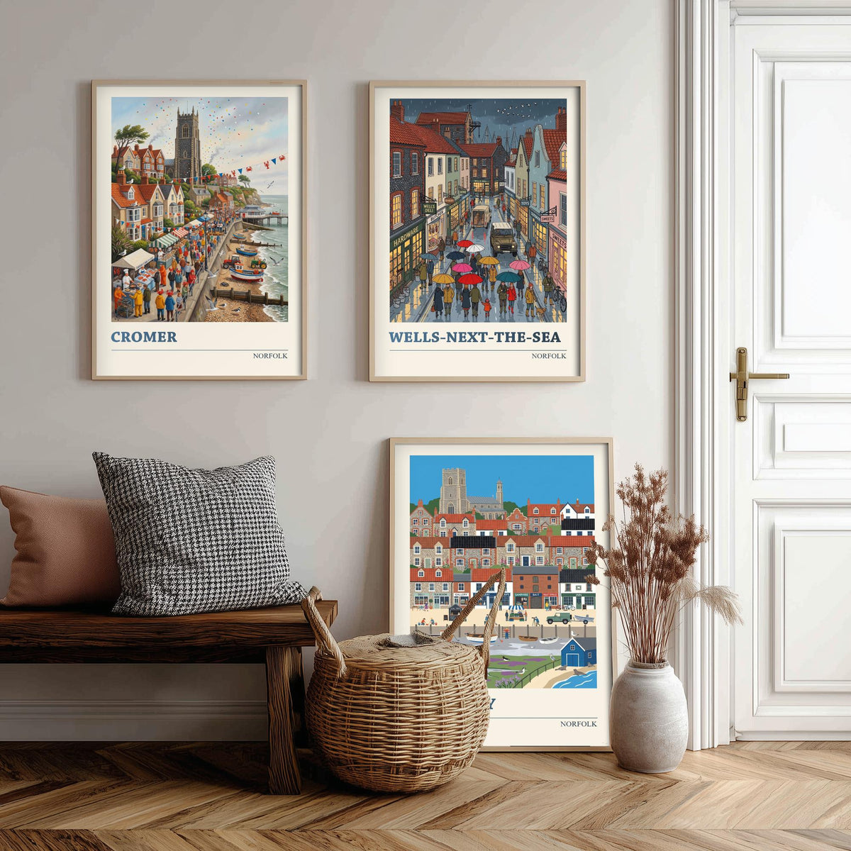 Norfolk Set of Three Art Prints - Cromer, Wells-next-the-Sea, Blakeney - 3 Colourful Folk Illustration Travel Posters - Norfolk Painting