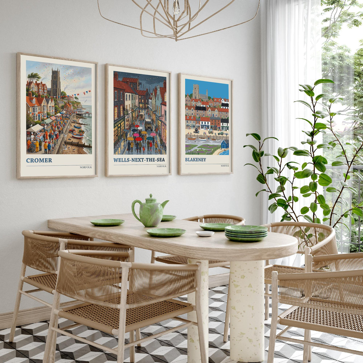 Norfolk Set of Three Art Prints - Cromer, Wells-next-the-Sea, Blakeney - 3 Colourful Folk Illustration Travel Posters - Norfolk Painting