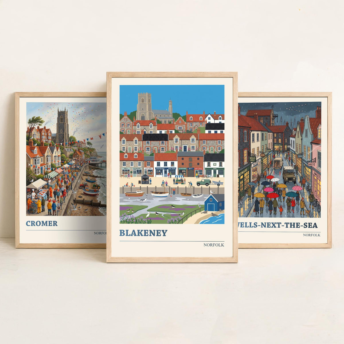Norfolk Set of Three Art Prints - Cromer, Wells-next-the-Sea, Blakeney - 3 Colourful Folk Illustration Travel Posters - Norfolk Painting