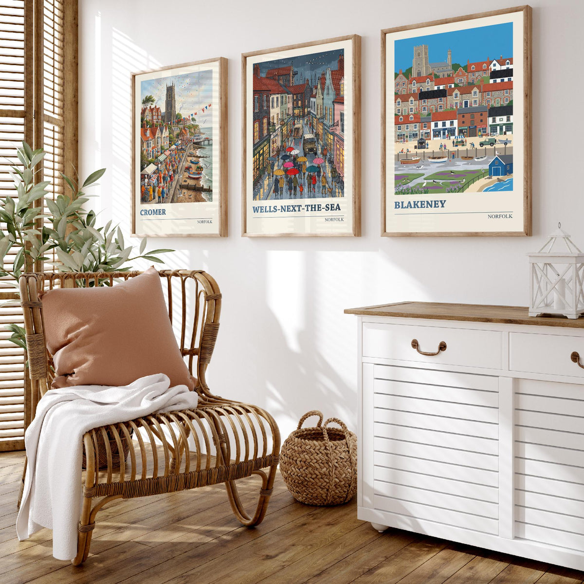 Norfolk Set of Three Art Prints - Cromer, Wells-next-the-Sea, Blakeney - 3 Colourful Folk Illustration Travel Posters - Norfolk Painting