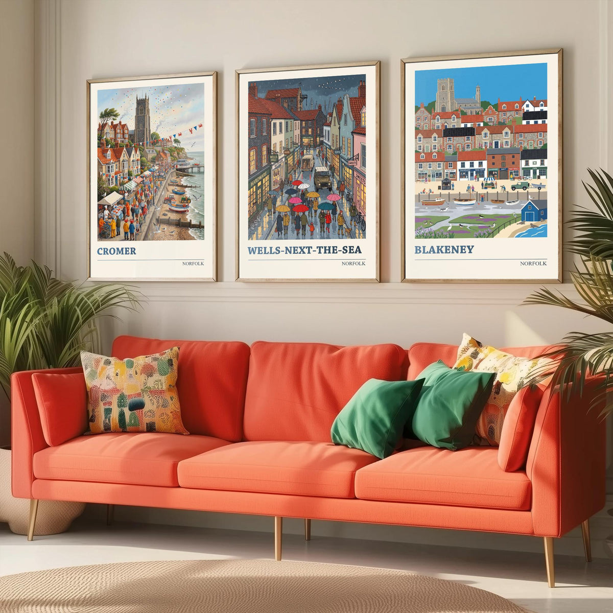 Norfolk Set of Three Art Prints - Cromer, Wells-next-the-Sea, Blakeney - 3 Colourful Folk Illustration Travel Posters - Norfolk Painting