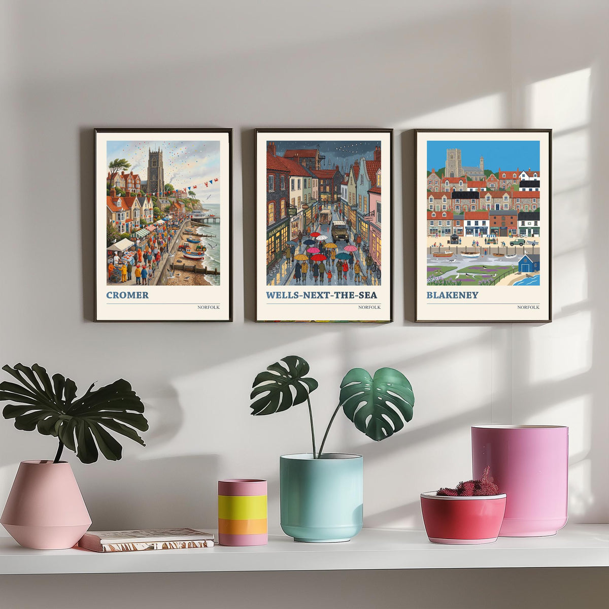 Norfolk Set of Three Art Prints - Cromer, Wells-next-the-Sea, Blakeney - 3 Colourful Folk Illustration Travel Posters - Norfolk Painting