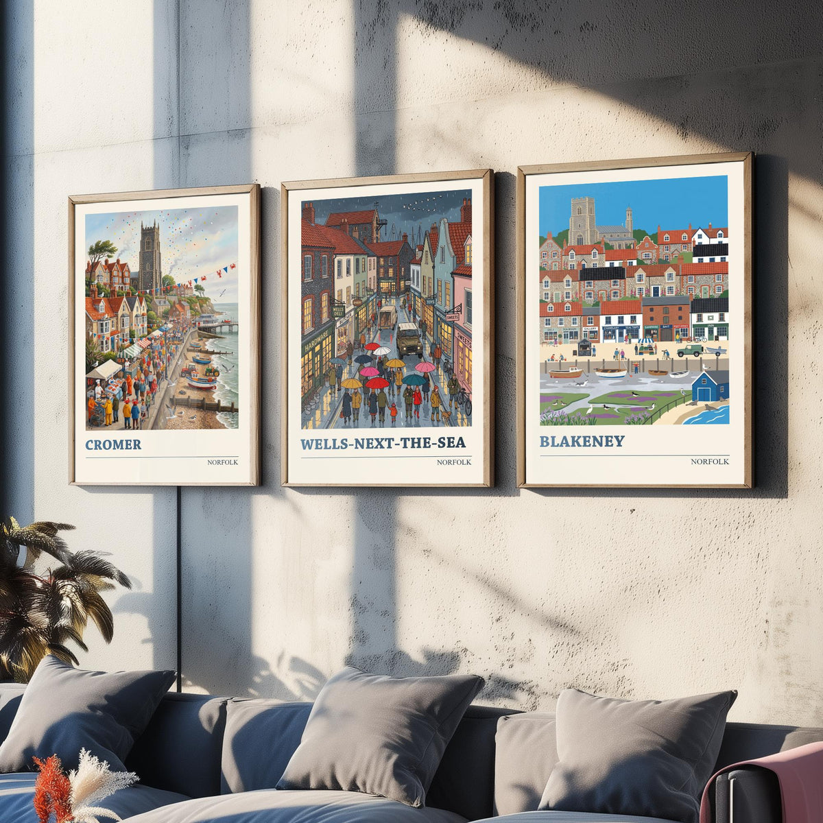 Norfolk Set of Three Art Prints - Cromer, Wells-next-the-Sea, Blakeney - 3 Colourful Folk Illustration Travel Posters - Norfolk Painting