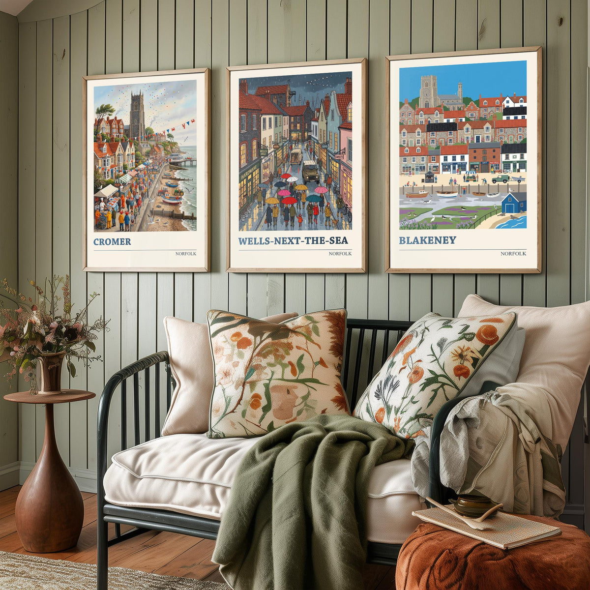 Norfolk Set of Three Art Prints - Cromer, Wells-next-the-Sea, Blakeney - 3 Colourful Folk Illustration Travel Posters - Norfolk Painting