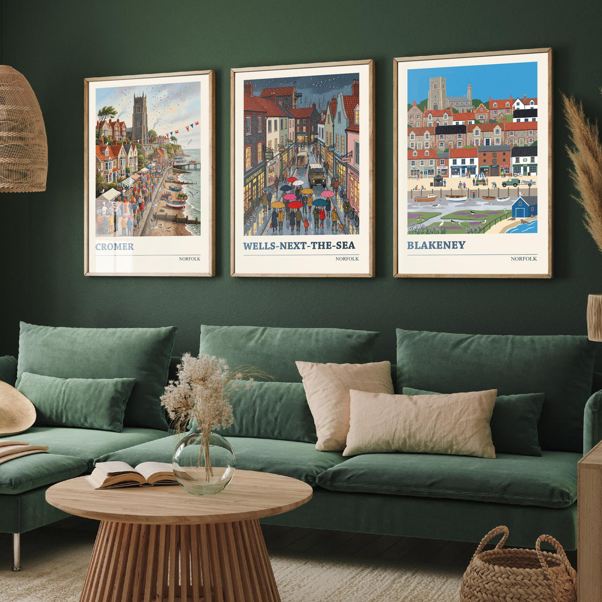 Norfolk Set of Three Art Prints - Cromer, Wells-next-the-Sea, Blakeney - 3 Colourful Folk Illustration Travel Posters - Norfolk Painting