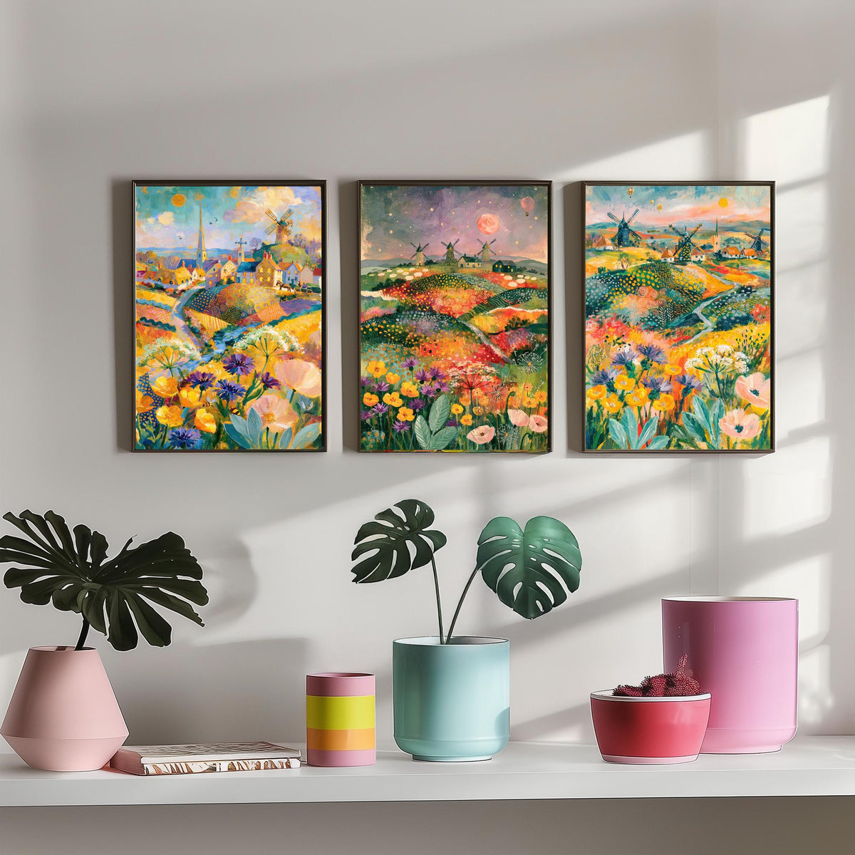 Norfolk Windmills Set of Three Art Prints - Cley, Horsey, Blakeney - Buttercup Cornflower Poppy Paintings - English Countryside Posters