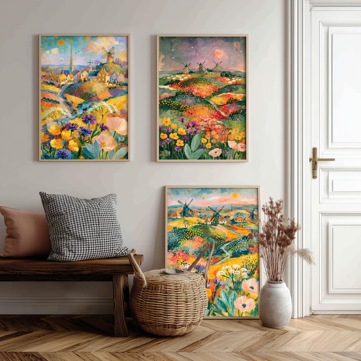 Norfolk Windmills Set of Three Art Prints - Cley, Horsey, Blakeney - Buttercup Cornflower Poppy Paintings - English Countryside Posters