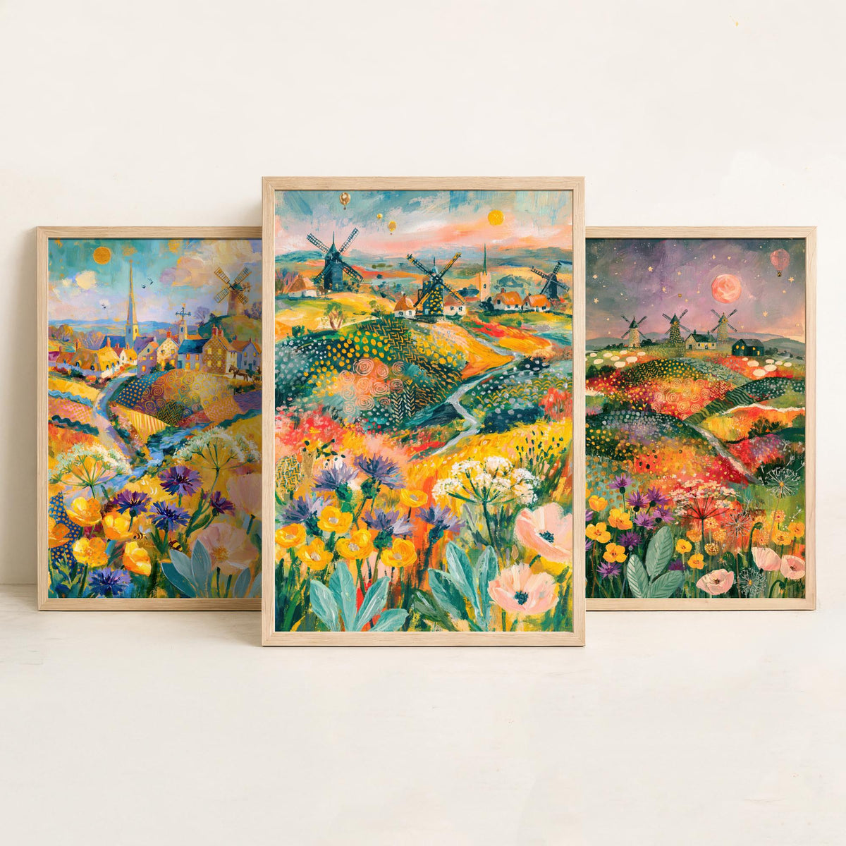 Norfolk Windmills Set of Three Art Prints - Cley, Horsey, Blakeney - Buttercup Cornflower Poppy Paintings - English Countryside Posters