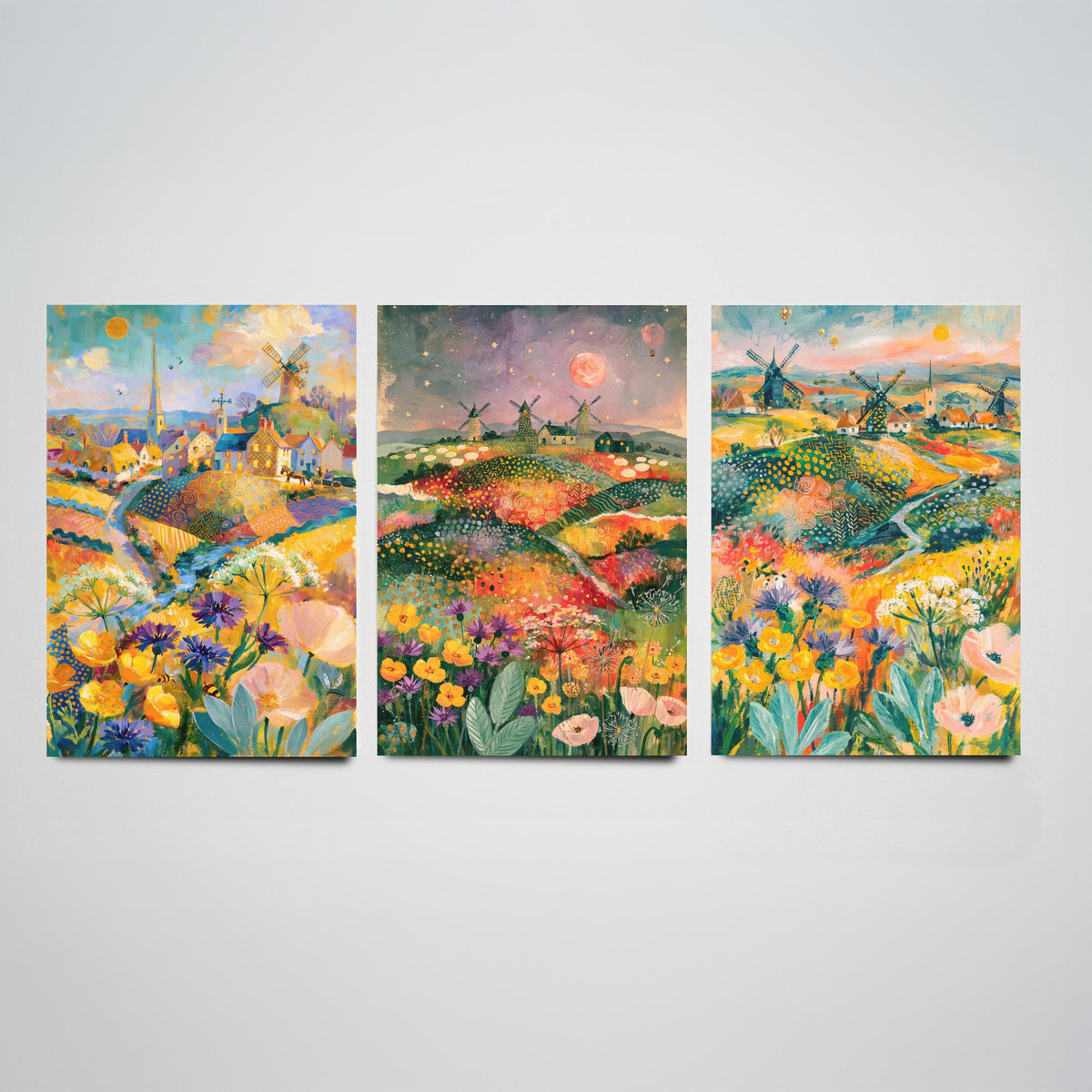 Norfolk Windmills Set of Three Art Prints - Cley, Horsey, Blakeney - Buttercup Cornflower Poppy Paintings - English Countryside Posters