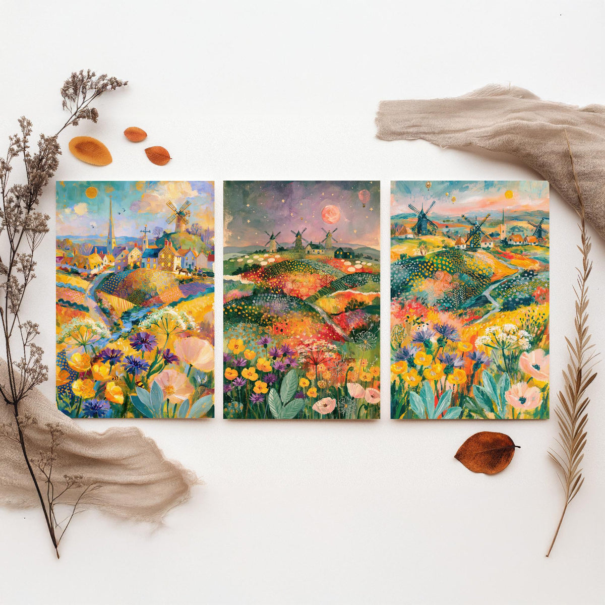 Norfolk Windmills Set of Three Art Prints - Cley, Horsey, Blakeney - Buttercup Cornflower Poppy Paintings - English Countryside Posters