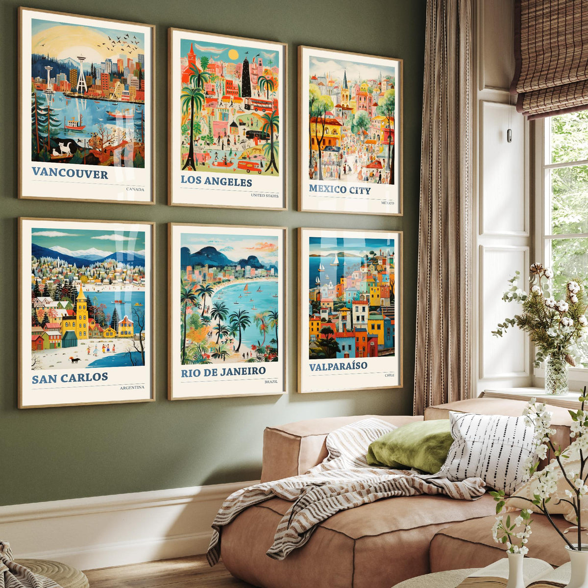 Set of Six Americas Travel Posters - 6 Ludwig Naive Art Prints - Vancouver, Los Angeles, Mexico City, San Carlos, Rio, Valparaiso Painting