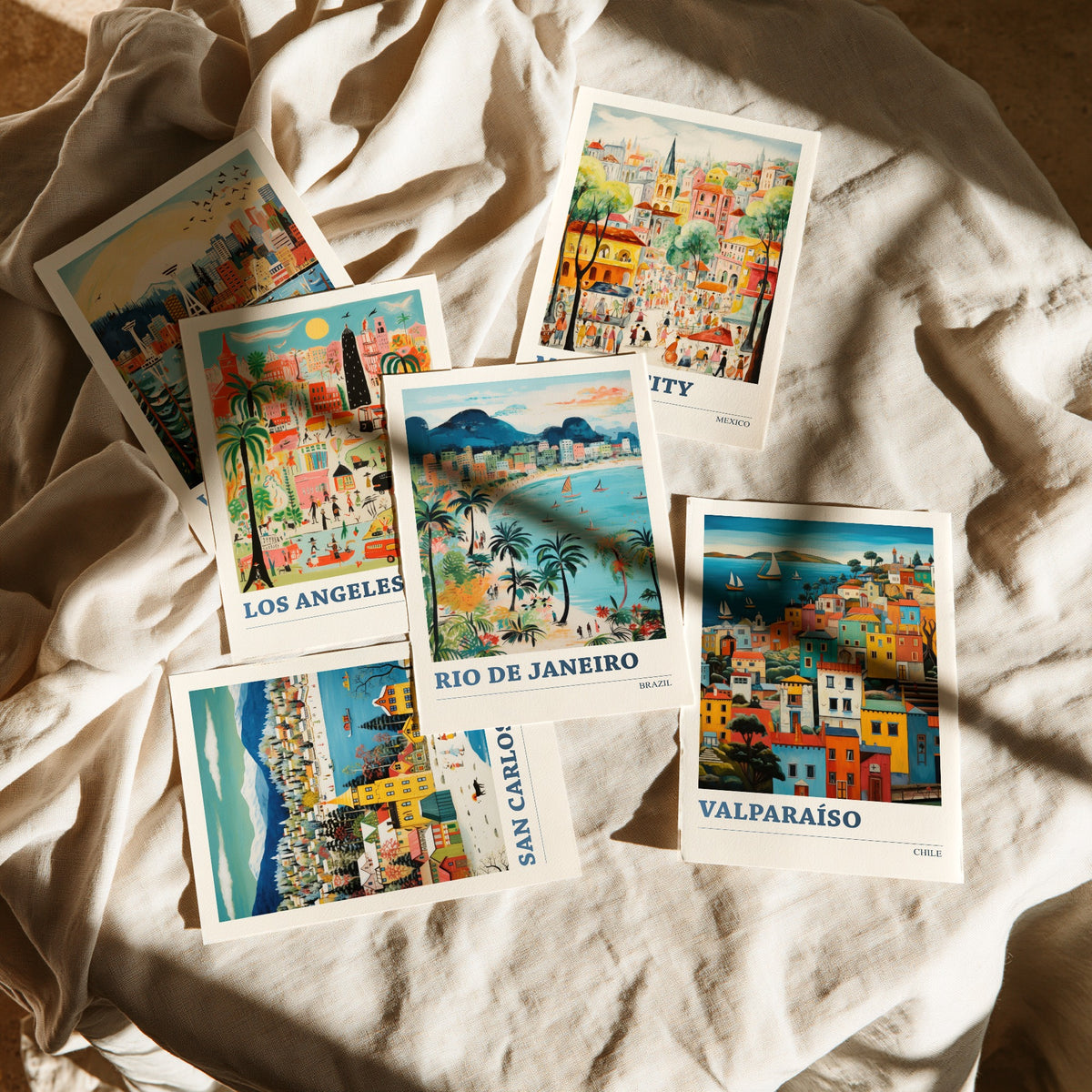 Set of Six Americas Travel Posters - 6 Ludwig Naive Art Prints - Vancouver, Los Angeles, Mexico City, San Carlos, Rio, Valparaiso Painting