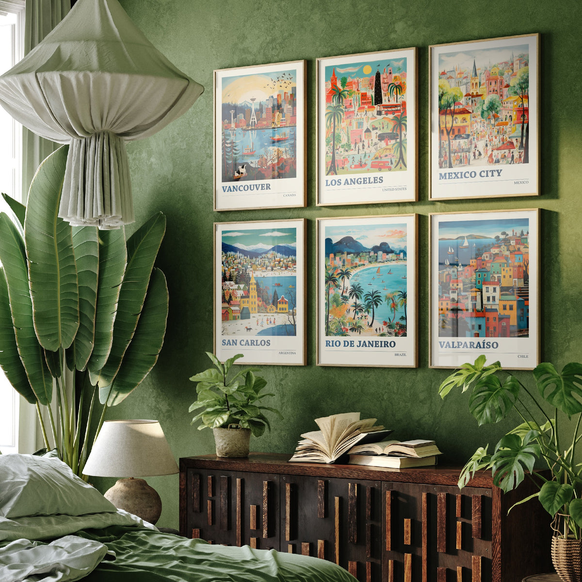 Set of Six Americas Travel Posters - 6 Ludwig Naive Art Prints - Vancouver, Los Angeles, Mexico City, San Carlos, Rio, Valparaiso Painting