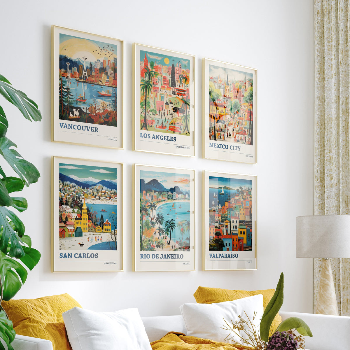 Set of Six Americas Travel Posters - 6 Ludwig Naive Art Prints - Vancouver, Los Angeles, Mexico City, San Carlos, Rio, Valparaiso Painting